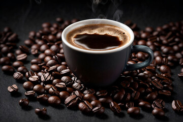 a cup of black coffee with beans in dark background
