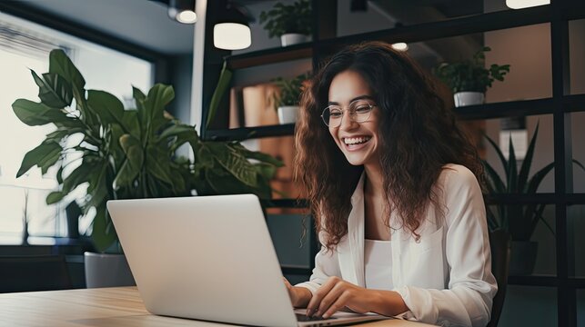 working woman, Portrait of smiling Asia girl in work clothes, sit at office and doing research, copy space, happy cheerful cute business, positive energy, Business plan, female executive