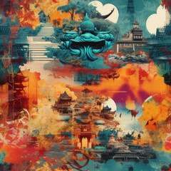 Obraz premium Buddhism collage spiritual repeat pattern with Buddha meditation