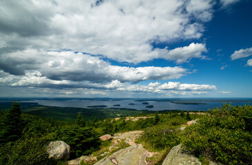 A landscape in August of Cadillac Mountain in Bar Harbor, Maine, near Acadia National Park mid-day with the clouds rolling in during the Summer in August.