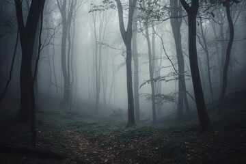 A dense fog enveloping a vibrant forest landscape