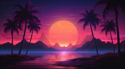 A vibrant sunset over palm trees and majestic mountains