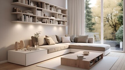 Cozy Small Living Room with Sofa, Corner Coffee Table Storage, and Books: Dark White, Light White, Soft-Edged Style