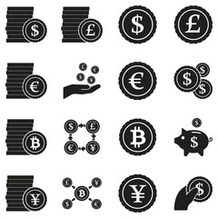 Coin Icons. Black Flat Design. Vector Illustration.
