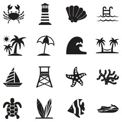 Coastline Icons. Black Flat Design. Vector Illustration.