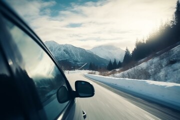 Winter road scenery with elegant vehicle, snowy highway, blurred mountains backdrop. Generative AI