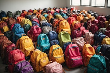 Lots of colorful school backpacks on a white background. ai generative - obrazy, fototapety, plakaty