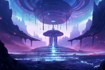 extraterrestrial spacecraft landing on foreign world, purple and turquoise hues, futuristic setting. Generative AI