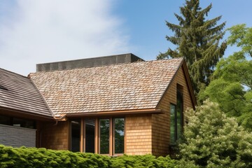 A detailed look at a contemporary house featuring a cedar shake roof in the midst of summer. Generative AI