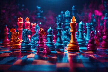 Wallpaper chess pieces on a board Creative banner. ai generative - obrazy, fototapety, plakaty