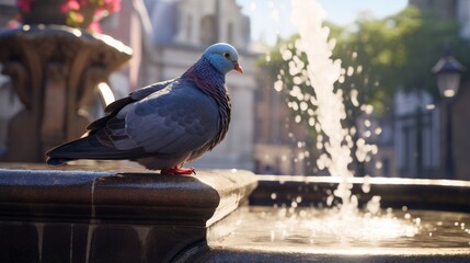 A pigeon sits beside the fountain