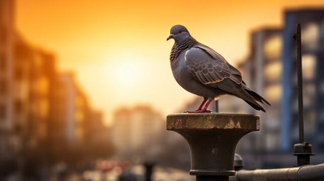 A pigeon sit on a lamppost during the daytime
