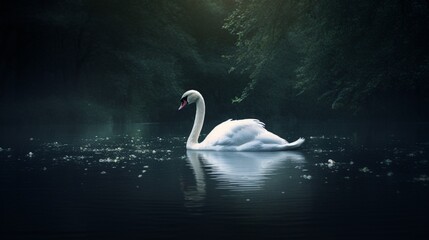 A pristine white swan graces the surface of the dark lake