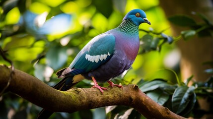 A Seychelles Blue Pigeon perched gracefully on a lush green tree branch
