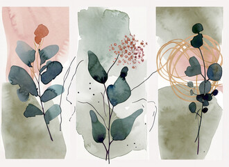 Watercolor set with eucalyptus branches and leaves. Hand drawn illustration. Wall Art. Generative AI