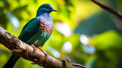 Obraz premium A Seychelles Blue Pigeon perched gracefully on a lush green tree branch