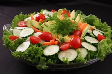 A fresh and colorful salad with lettuce, tomatoes, and cucumbers