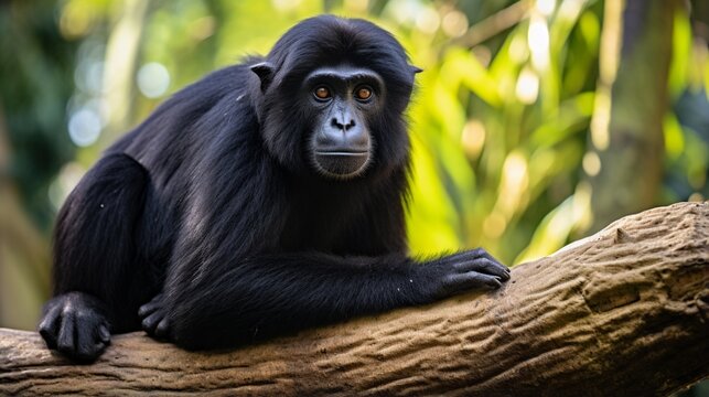 A Siamang Gibbon can be seen sitting on the log