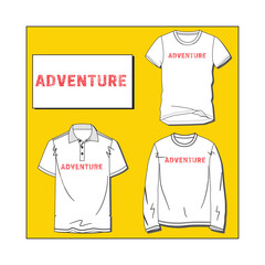 ADVENTURE GRAPHIC DESIGN WITH VARIOUS MOCK UP BOYS MENS SHORT SLEEVE T SHIRT, POLO TSHIRT,FULL SLEEVE TYPES VECTOR ILLUSTRATION