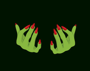 Bony green hands of witch with sharp bloody red nails in the dark. Design elements for Halloween celebration