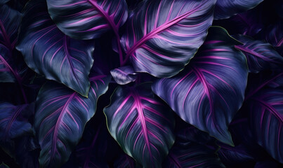 Tropical leaves wallpaper. Colorful neon abstract foliage background. For postcard, book illustration.