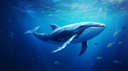 A young whale is gracefully swimming in the deep blue ocean