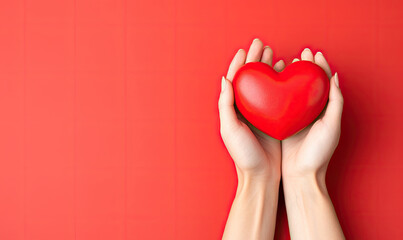 Female hands delicately holding a red heart. Valentine's Day concept.