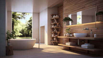 Bathroom Oasis: A Modern Interior Design with a Wooden Bathtub