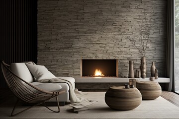 Modern interior featuring a fireplace, wicker decor, stone wall, and subtle grey accents. Generative AI - obrazy, fototapety, plakaty