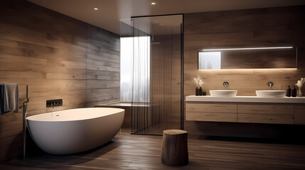 Fototapeta na wymiar Wooden Warmth: A Bathroom Retreat with Modern Interior and a Cozy Bathtub