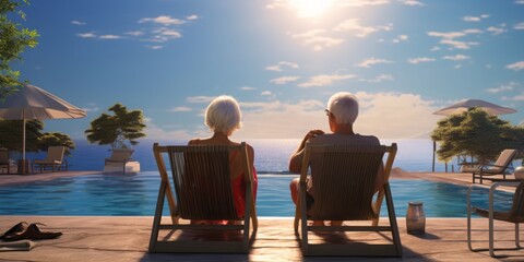 An Older Couple Sits by the Pool, Embracing the Joys of Retirement Life, Focusing on Savings, Retirement Provision, Health in Old Age, and a Better Quality of Life in Their Golden Years