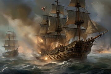 an intense naval engagement between an ancient pirate ship and its adversaries. Generative AI - obrazy, fototapety, plakaty