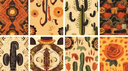 Western Boho Cactus Vector Pattern Collection. Warm Earthy Colors with Cowboy, Sun, Snake, Boots, Bull Skull - obrazy, fototapety, plakaty