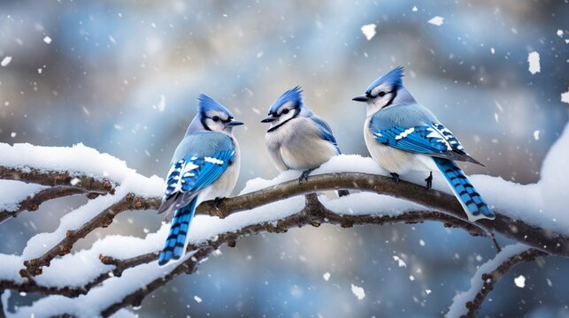 At the falling snow, two blue jays sit contently on a tree branch