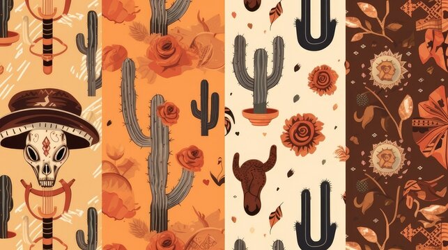 Western Boho Cactus Vector Pattern Collection. Warm Earthy Colors with Cowboy, Sun, Snake, Boots, Bull Skull
