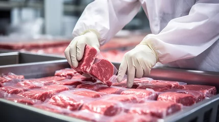 Fotobehang At the meat processing plant, a worker's hands carefully package meat in plastic foil using the machine, impacting the meat production cost © Pretty Panda