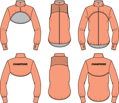 Women detachable two piece Long sleeve shell jacket design flat sketch illustration, soft shell sleeveless vest jacket with front and back view, winter jacket for hiking and workout in winter.