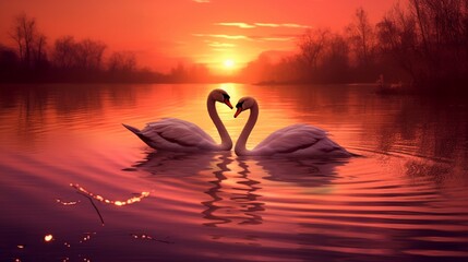 At the sunset, two swans navigate the water
