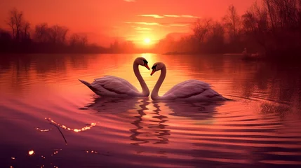Gardinen At the sunset, two swans navigate the water © Pretty Panda