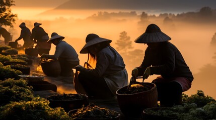 Sunset Silhouettes: Tireless Farmers Reaping Nature's Abundance Amidst Fields, Moments Before Dusk's Calm
