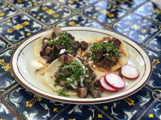 Authentic Style Mexican Food, Taco Sampler - Lengua (Beef Tongue), Cabeza (Beef Cheeks) and Birria (Goat Meat).