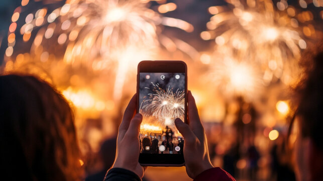 silhouette of a man filming festive fireworks on a mobile phone camera. Generative Ai