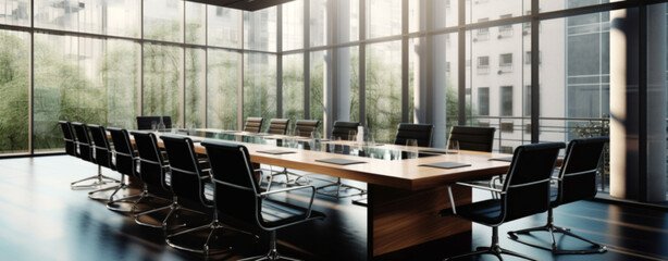modern interior of a conference room in a business office with large windows and black chairs. Generative Ai