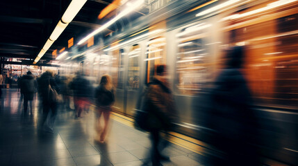 Rush hour on the subway. The train approaches the station at speed. hurrying people are waiting to board. abstract background, blur image. Generative Ai