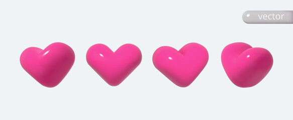 Set of glossy hearts. Pink vector heart isolated. Realistic 3d vector in cartoon style