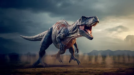 Fotobehang a huge terrifying tyrannosaurus runs in search of prey. Generative Ai © PETR BABKIN