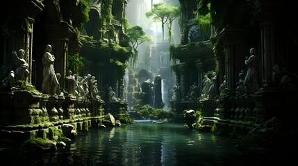 Mystic Ravine Oasis: Ancient Statues Veiled in Verdant Vines Amidst Tranquil Waters