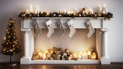 сhristmas interior. stockings hang on a fireplace mantel
