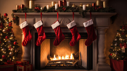 сhristmas interior. stockings hang on a fireplace mantel