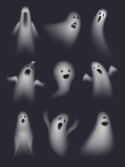Set of realistic ghosts isolated on transparent. 3d Vector illustration of halloween symbols. Halloween spooky monsters